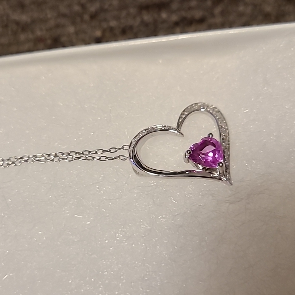 STERLING SILVER GENUINE DIAMOND LAB CREATED PINK SAPPHIRE PENDANT 18" - Picture 5 of 8